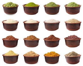 Image of Different superfood powders in bowls on white background, collage