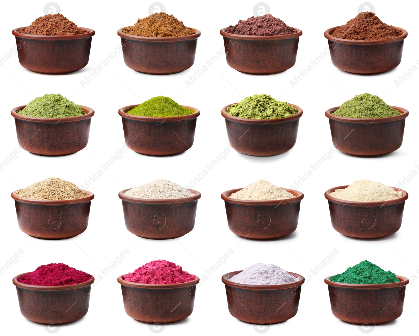 Different superfood powders in bowls on white background, collage Image of Different superfood powders in bowls on white background, collage