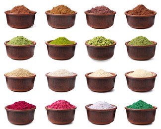 Image of Different superfood powders in bowls on white background, collage