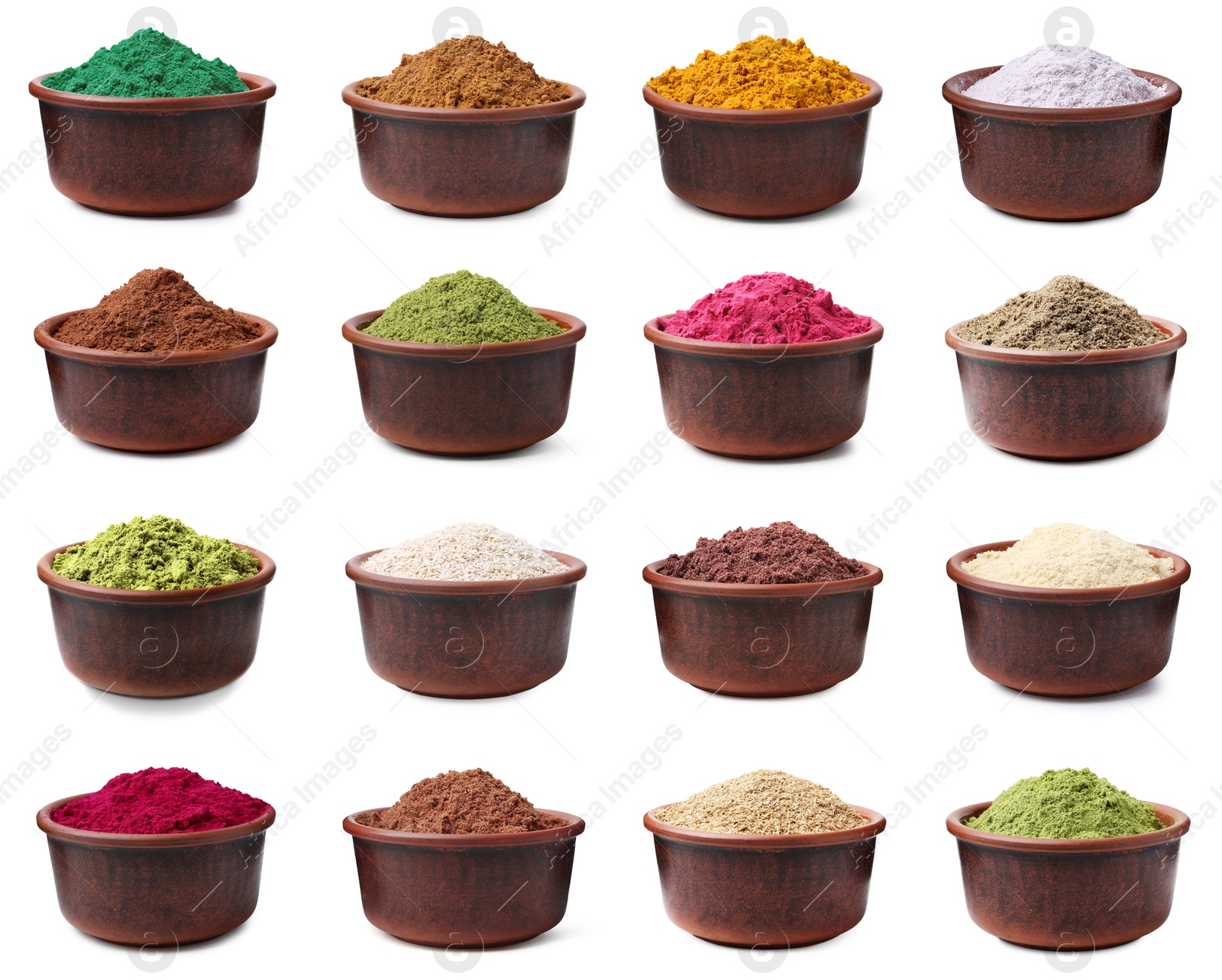 Different superfood powders in bowls on white background, collage Image of Different superfood powders in bowls on white background, collage