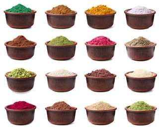 Image of Different superfood powders in bowls on white background, collage