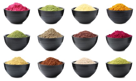 Image of Different superfood powders in bowls on white background, collage
