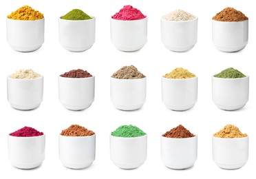 Image of Different superfood powders in bowls on white background, collage