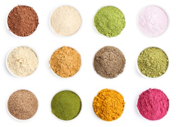 Image of Different superfood powders in bowls on white background, set. Top view