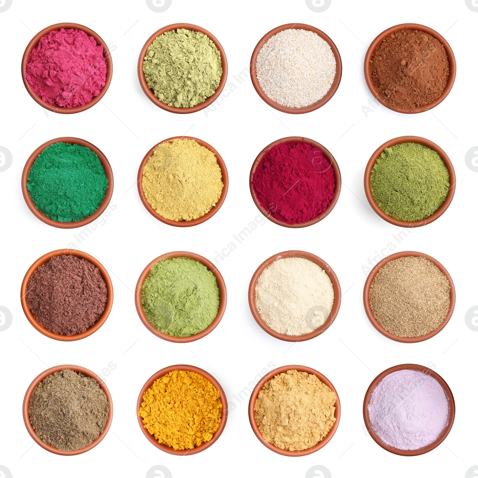 Different superfood powders in bowls on white background, set. Top view Image of Different superfood powders in bowls on white background, set. Top view