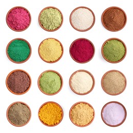 Image of Different superfood powders in bowls on white background, set. Top view