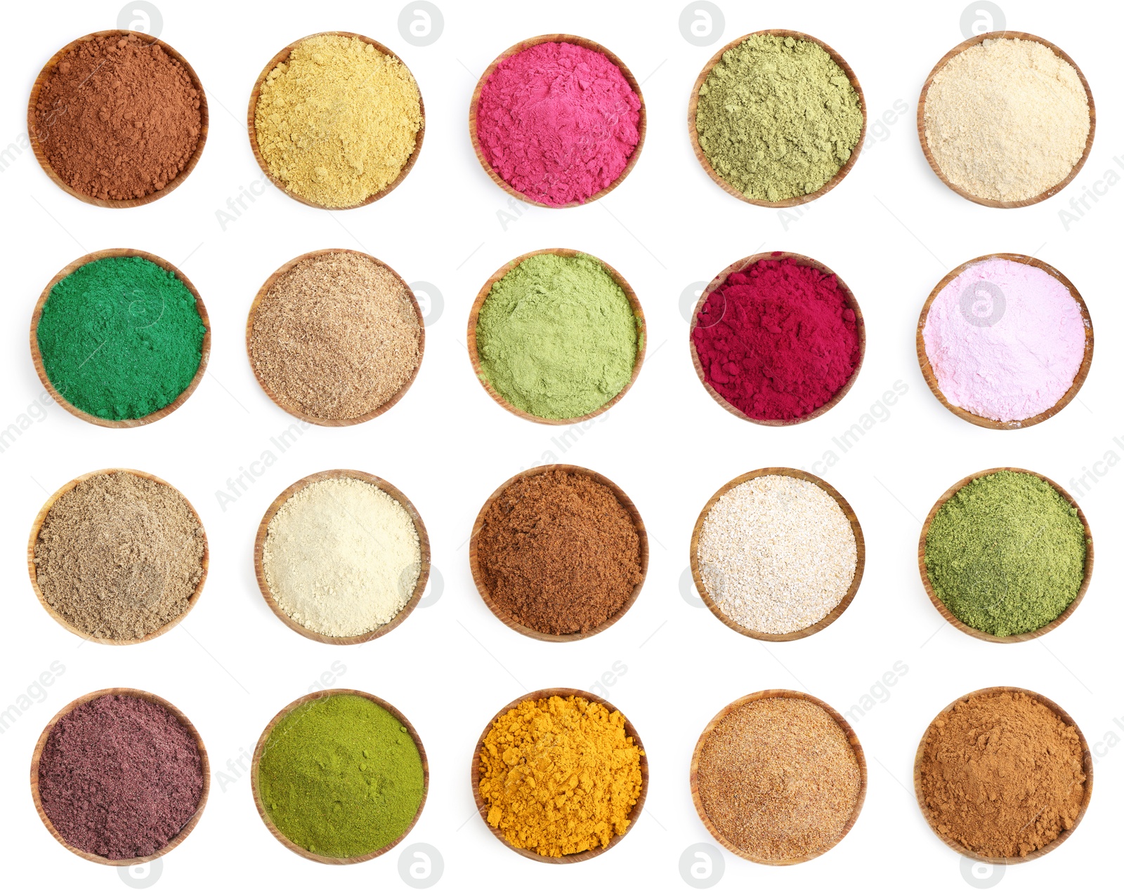Different superfood powders in bowls on white background, set. Top view Image of Different superfood powders in bowls on white background, set. Top view