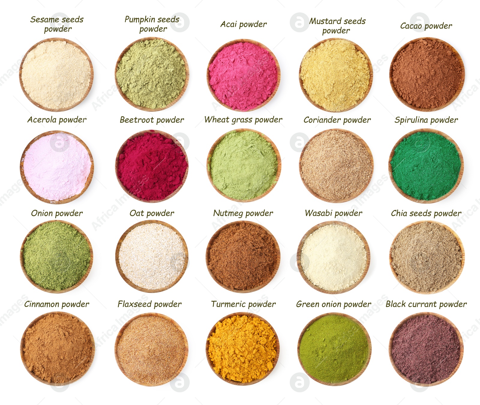 Different superfood powders in bowls and names on white background, collage. Top view Image of Different superfood powders in bowls and names on white background, collage. Top view