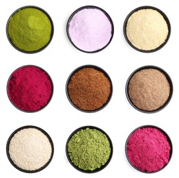 Image of Different superfood powders in bowls on white background, set. Top view
