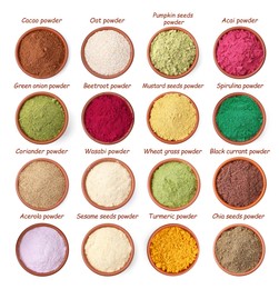 Image of Different superfood powders in bowls and names on white background, collage. Top view