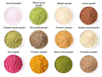 Image of Different superfood powders in bowls and names on white background, collage. Top view