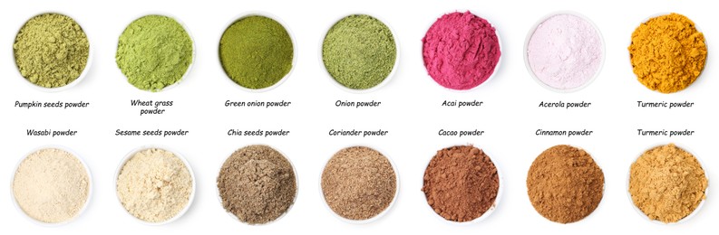 Image of Different superfood powders in bowls and names on white background, collage. Top view