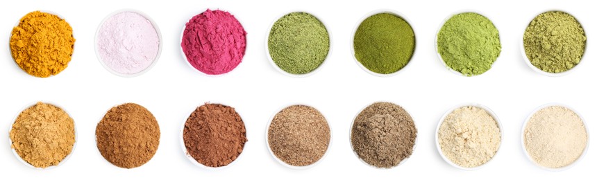 Image of Different superfood powders in bowls on white background, set. Top view