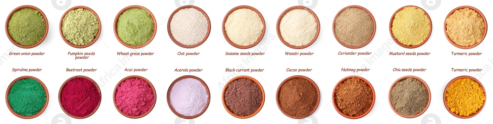 Different superfood powders in bowls and names on white background, collage. Top view Image of Different superfood powders in bowls and names on white background, collage. Top view