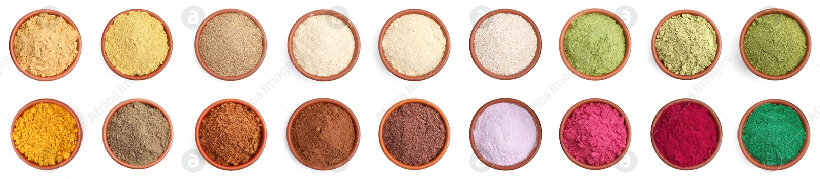 Different superfood powders in bowls on white background, set. Top view Image of Different superfood powders in bowls on white background, set. Top view