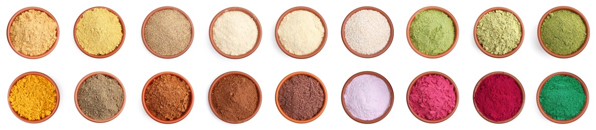 Image of Different superfood powders in bowls on white background, set. Top view