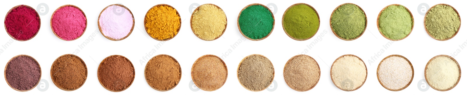 Different superfood powders in bowls on white background, set. Top view Image of Different superfood powders in bowls on white background, set. Top view