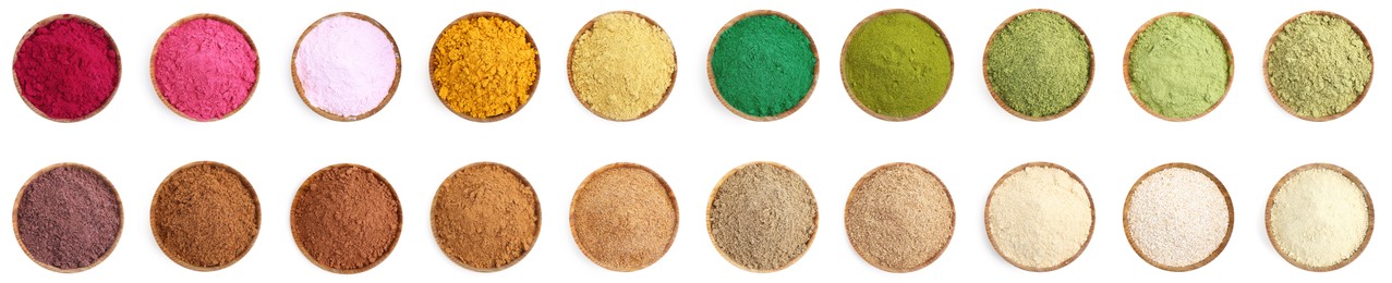Image of Different superfood powders in bowls on white background, set. Top view