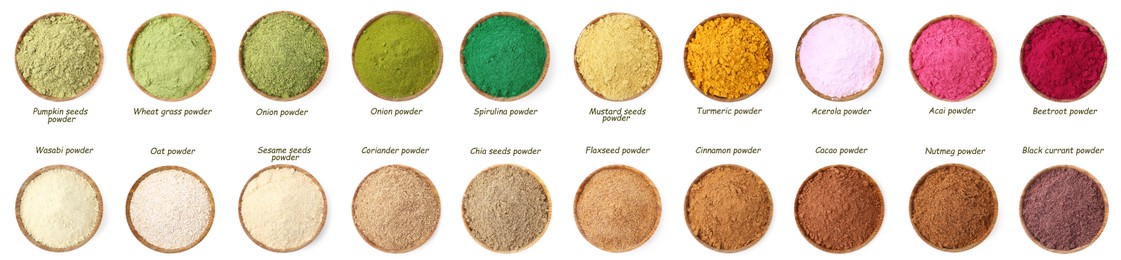 Image of Different superfood powders in bowls and names on white background, collage. Top view