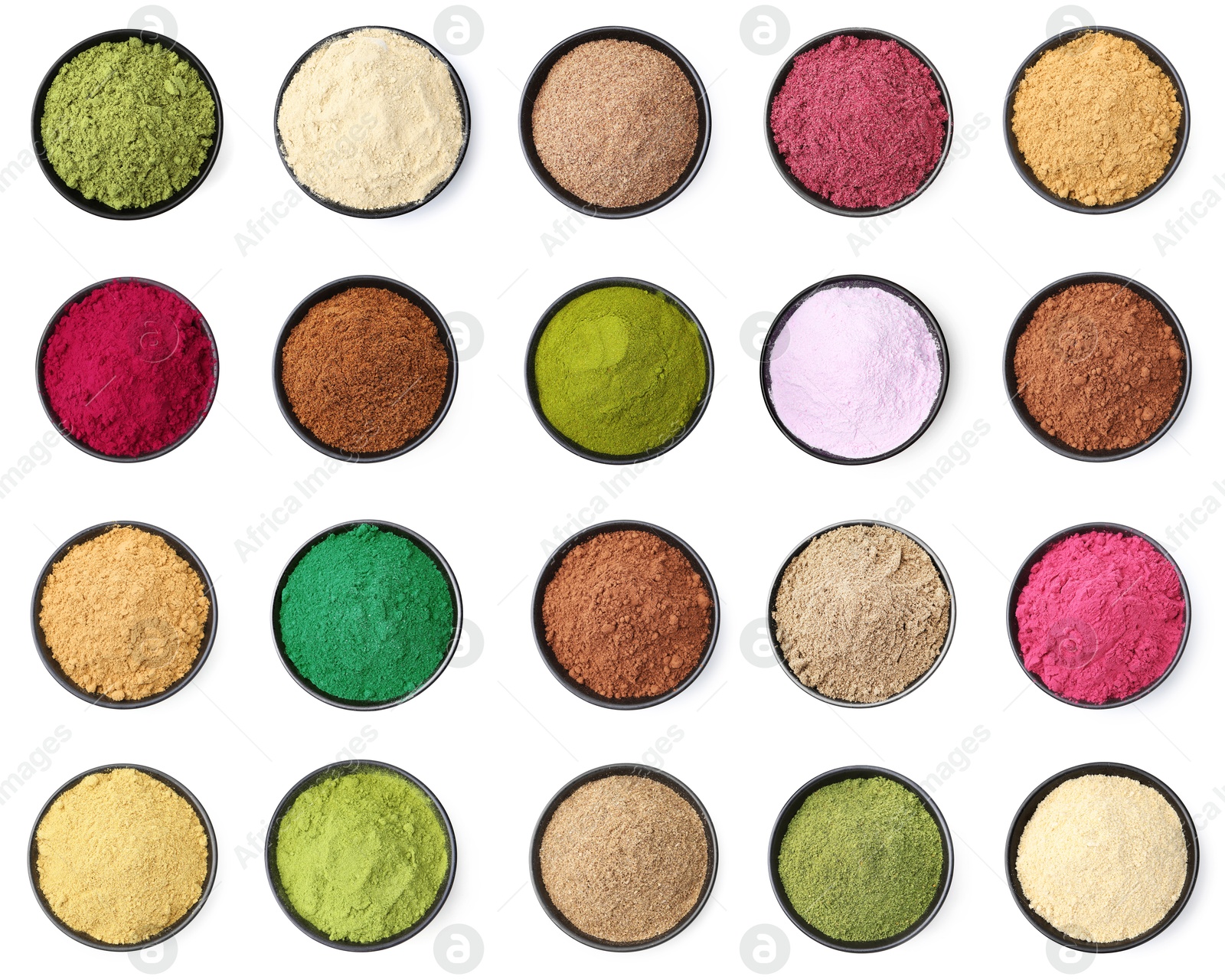Different superfood powders in bowls on white background, set. Top view Image of Different superfood powders in bowls on white background, set. Top view