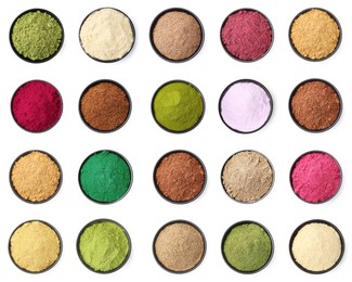 Image of Different superfood powders in bowls on white background, set. Top view