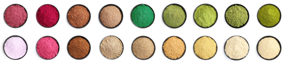 Image of Different superfood powders in bowls on white background, set. Top view