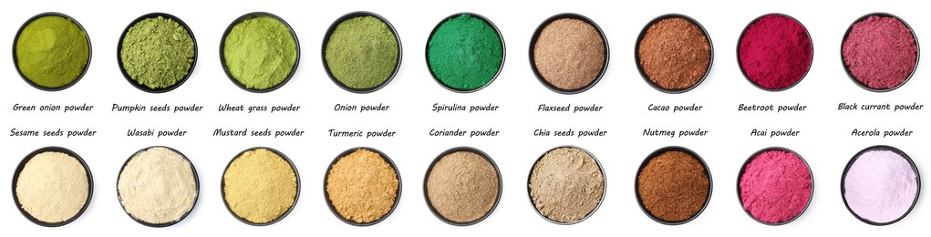 Image of Different superfood powders in bowls and names on white background, collage. Top view