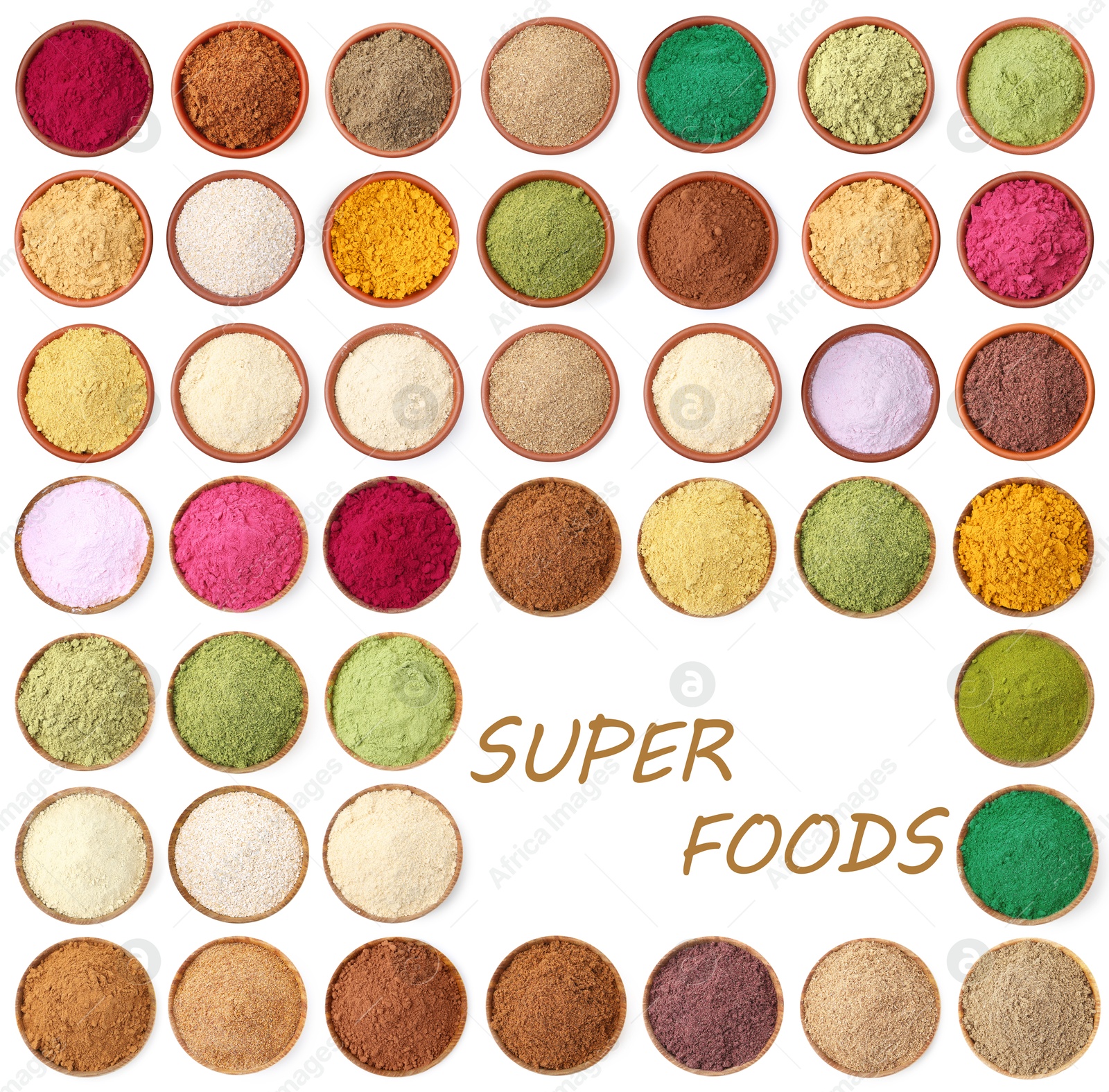 Super foods. Different powders in bowls on white background, collage. Top view Image of Super foods. Different powders in bowls on white background, collage. Top view