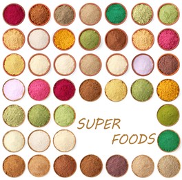 Image of Super foods. Different powders in bowls on white background, collage. Top view