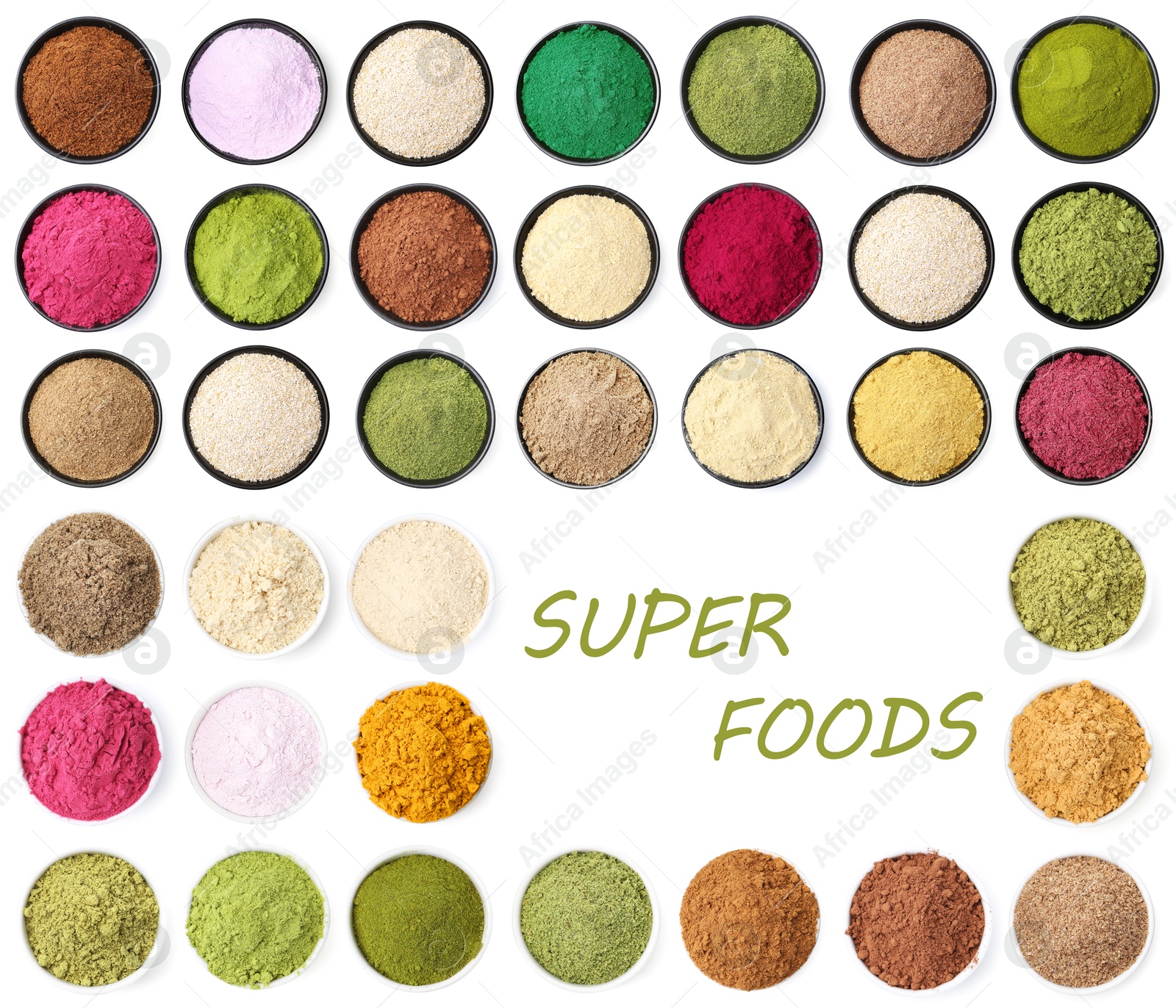 Super foods. Different powders in bowls on white background, collage. Top view Image of Super foods. Different powders in bowls on white background, collage. Top view