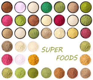 Image of Super foods. Different powders in bowls on white background, collage. Top view
