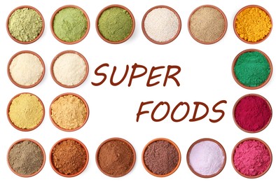 Image of Super foods. Different powders in bowls on white background, collage. Top view