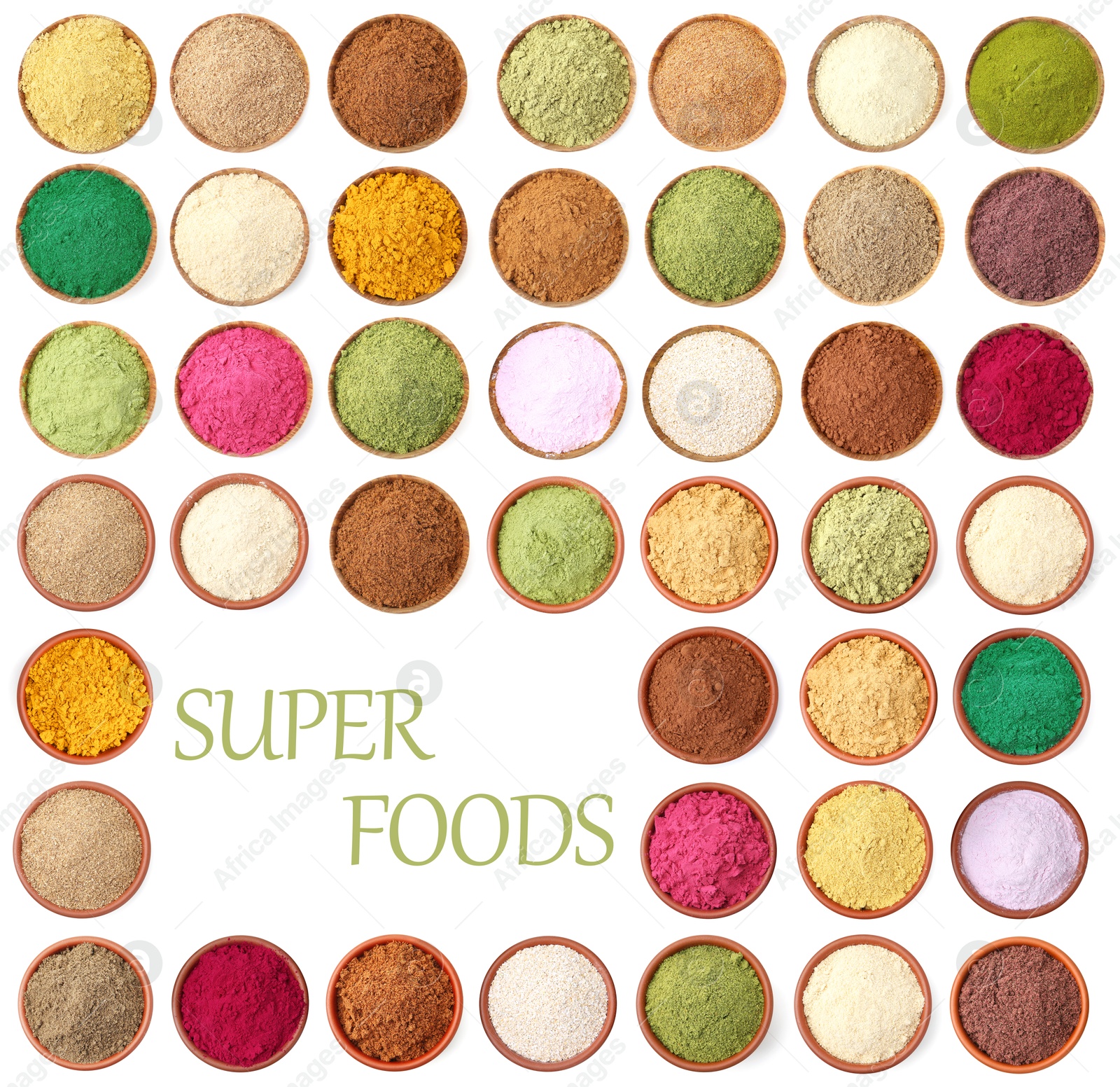 Super foods. Different powders in bowls on white background, collage. Top view Image of Super foods. Different powders in bowls on white background, collage. Top view