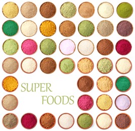 Image of Super foods. Different powders in bowls on white background, collage. Top view