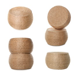 Image of Straw poufs isolated on white, collage. Interior element