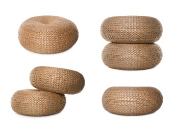 Image of Straw poufs isolated on white, collage. Interior element
