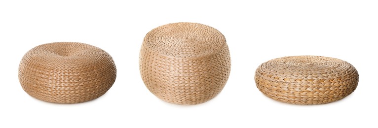 Image of Straw poufs isolated on white, collage. Interior element