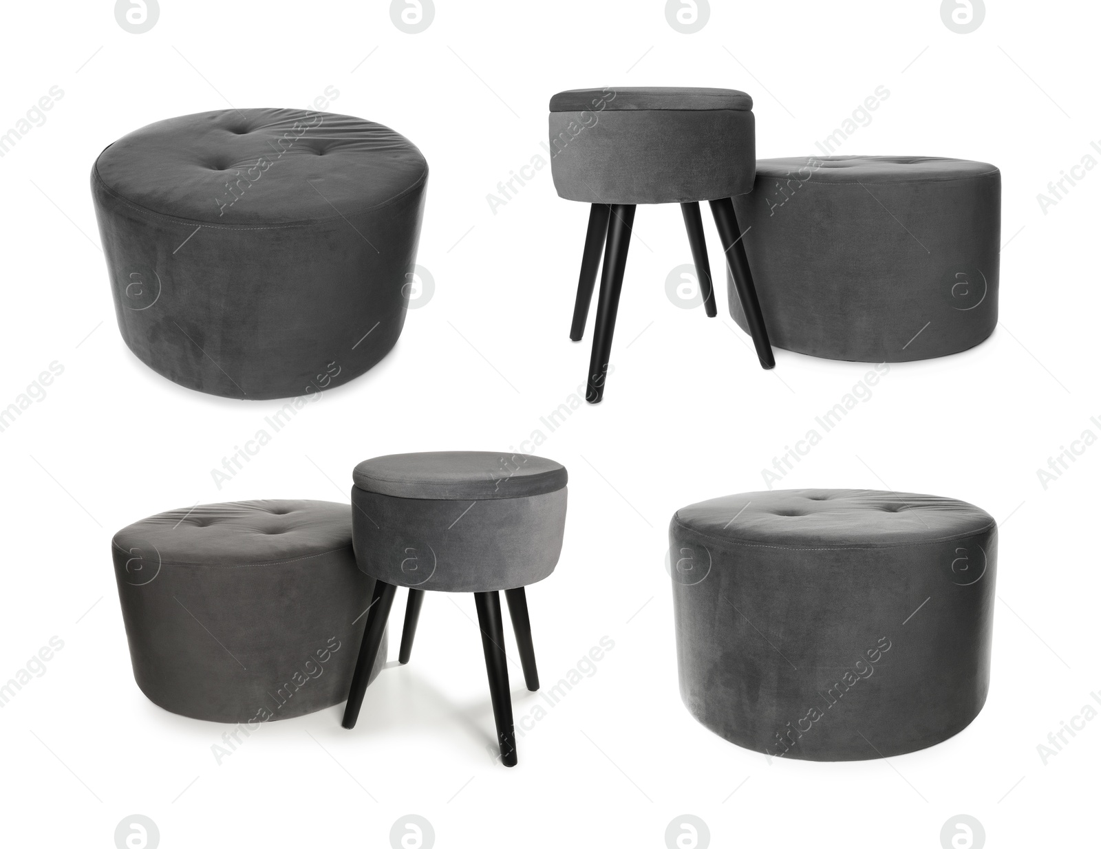 Different poufs isolated on white, collage. Interior element Image of Different poufs isolated on white, collage. Interior element