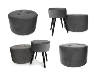Image of Different poufs isolated on white, collage. Interior element
