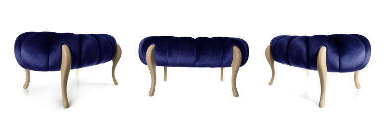 Image of Blue footstool isolated on white, collage. View from different sides