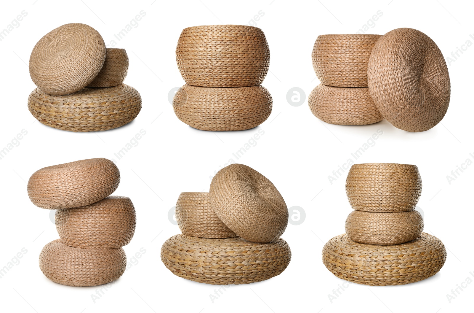 Straw poufs isolated on white, collage. Interior element Image of Straw poufs isolated on white, collage. Interior element
