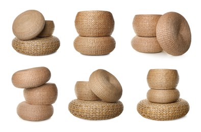 Image of Straw poufs isolated on white, collage. Interior element