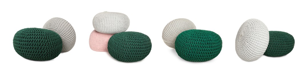 Image of Knitted poufs isolated on white, collage. Interior element
