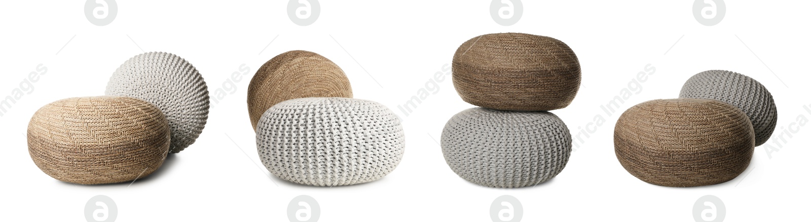 Different poufs isolated on white, collage. Interior element Image of Different poufs isolated on white, collage. Interior element