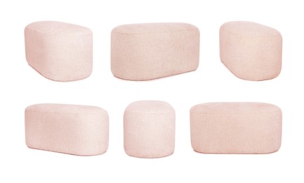 Image of Pink beige pouf isolated on white, collage. View from different sides