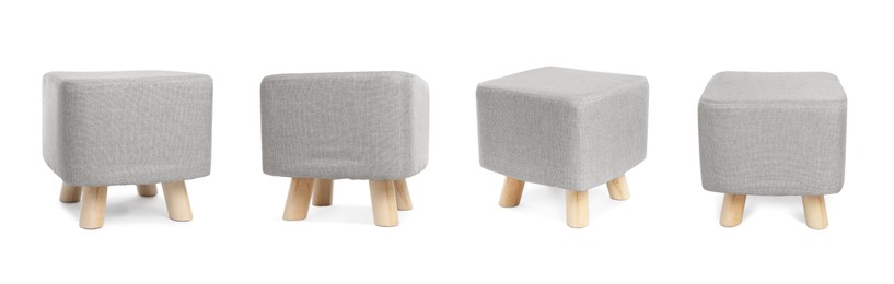 Image of Grey pouf isolated on white, collage. View from different sides