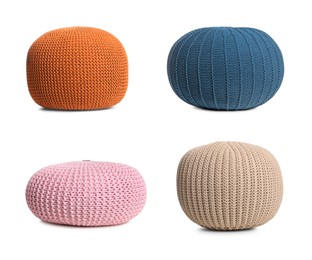 Image of Different knitted poufs isolated on white, collage. Interior element