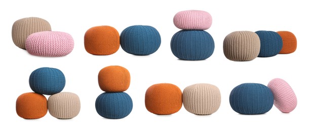Image of Different knitted poufs isolated on white, collage. Interior element