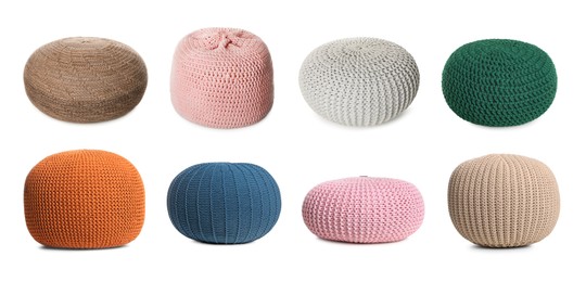 Image of Different poufs isolated on white, collage. Interior element