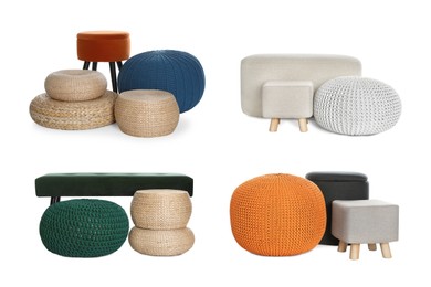Image of Different poufs isolated on white, collage. Interior element